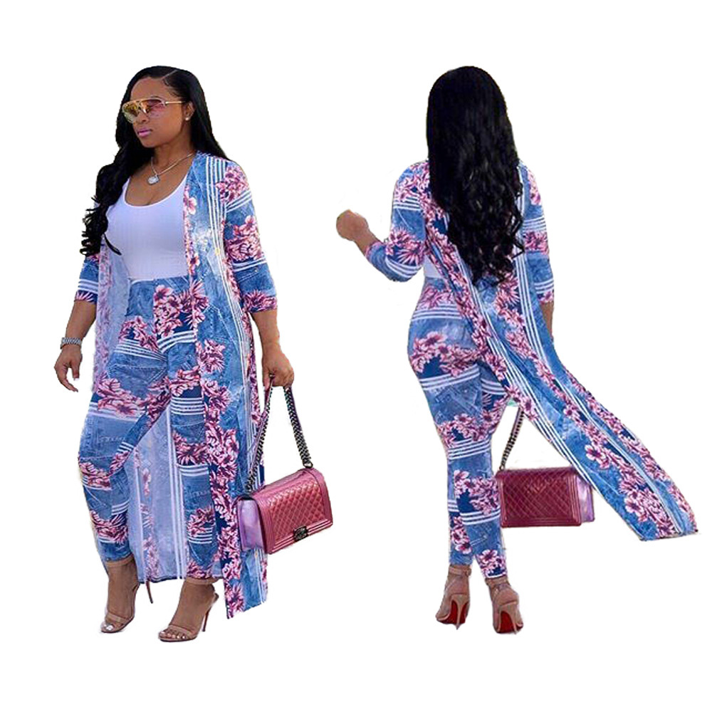 2 pcs Women Fashion Flower digital printing cloak and bottom pants casual coat and pant suit sets