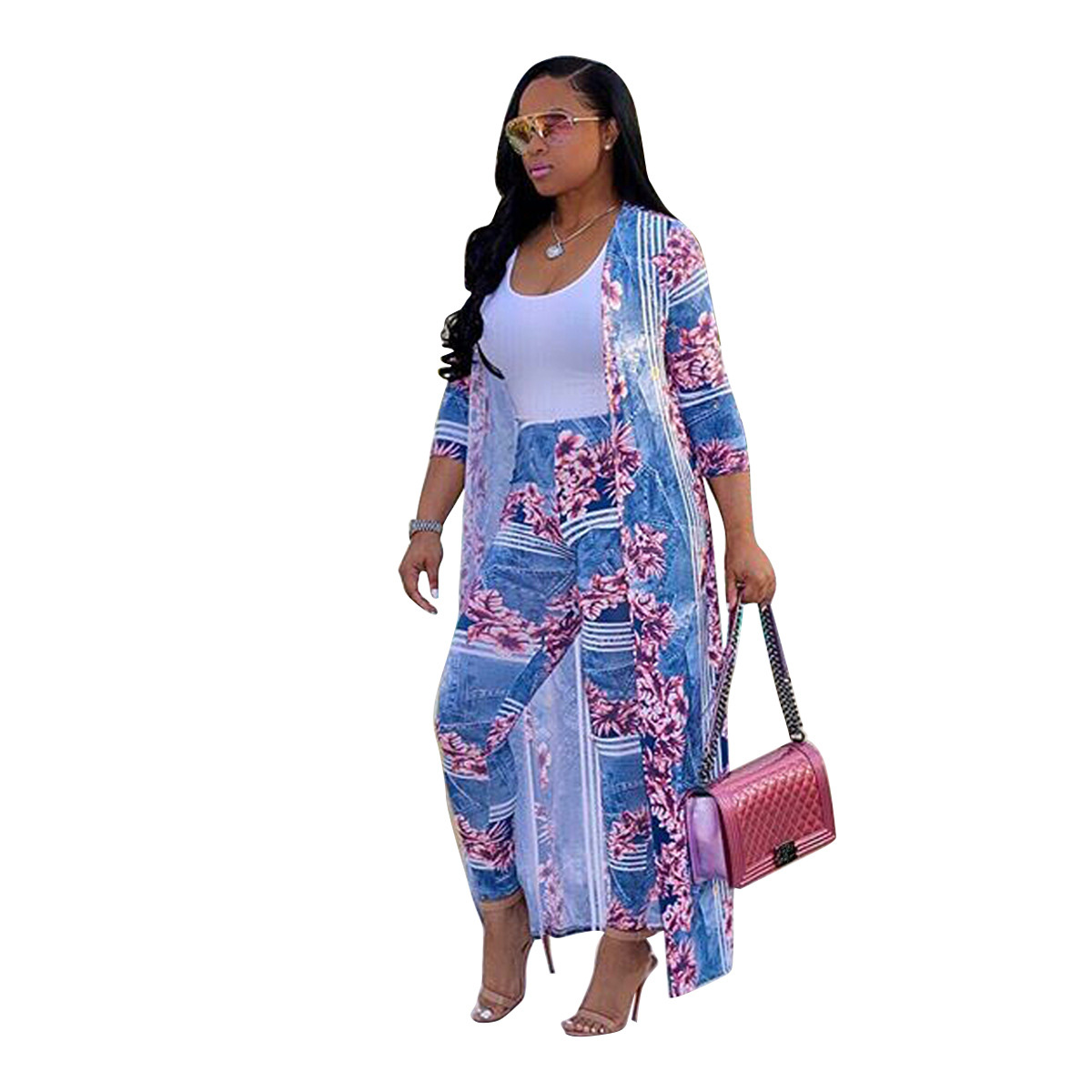2 pcs Women Fashion Flower digital printing cloak and bottom pants casual coat and pant suit sets