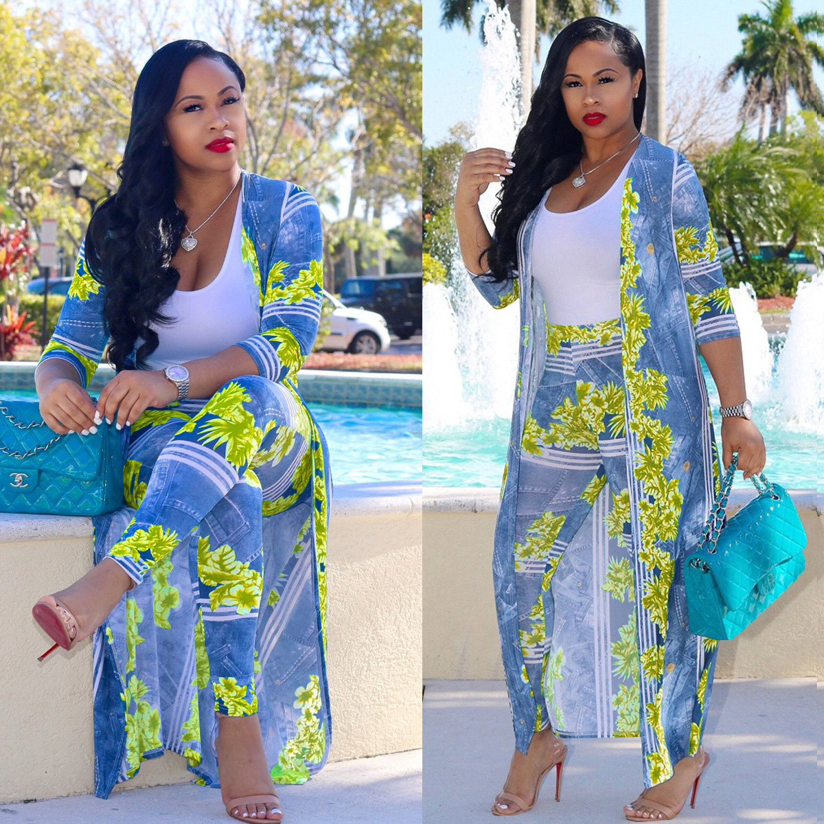 2 pcs Women Fashion Flower digital printing cloak and bottom pants casual coat and pant suit sets