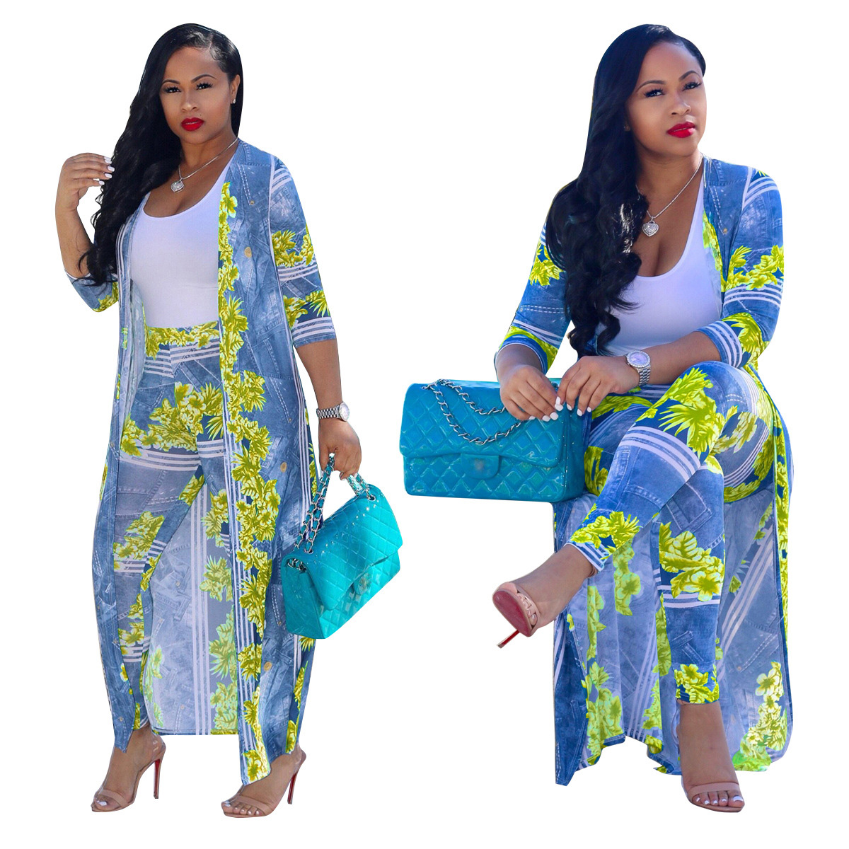2 pcs Women Fashion Flower digital printing cloak and bottom pants casual coat and pant suit sets