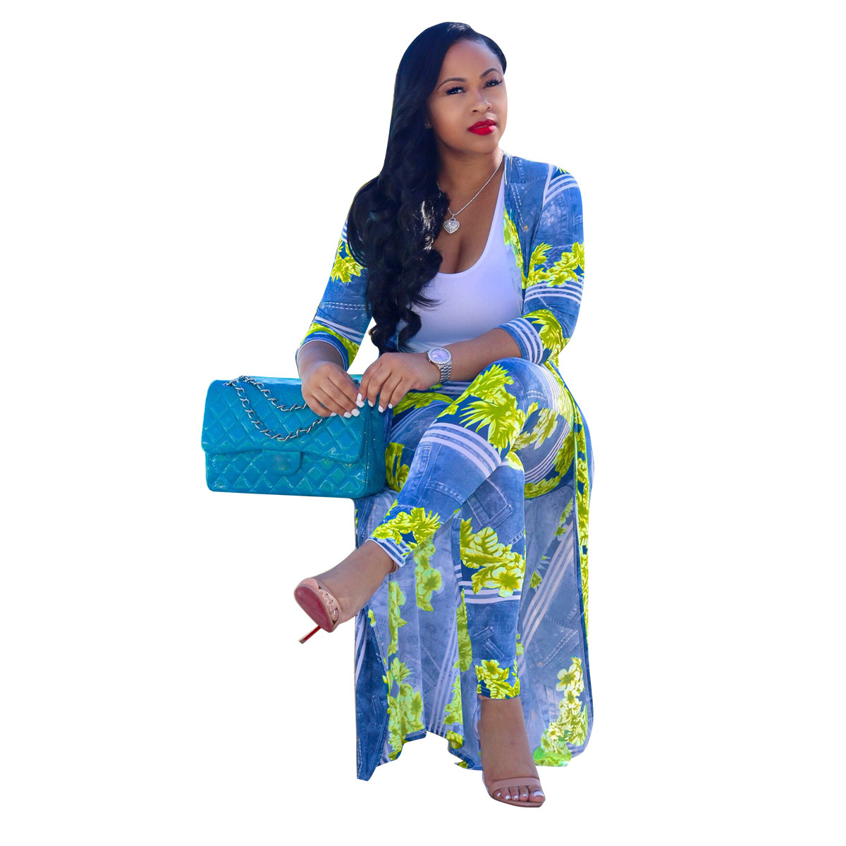 2 pcs Women Fashion Flower digital printing cloak and bottom pants casual coat and pant suit sets