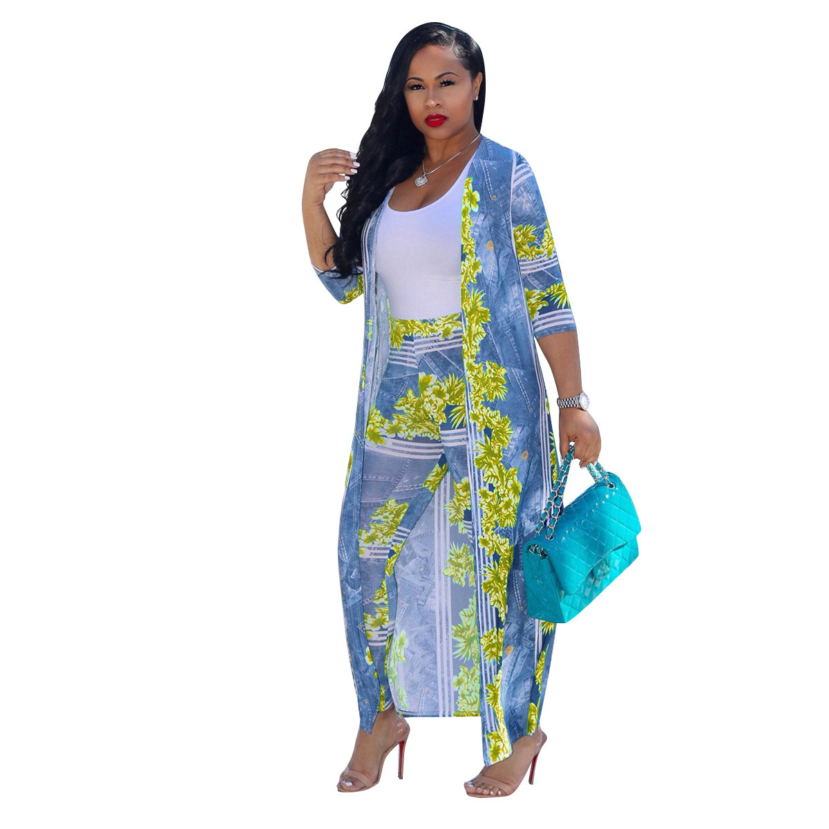 2 pcs Women Fashion Flower digital printing cloak and bottom pants casual coat and pant suit sets