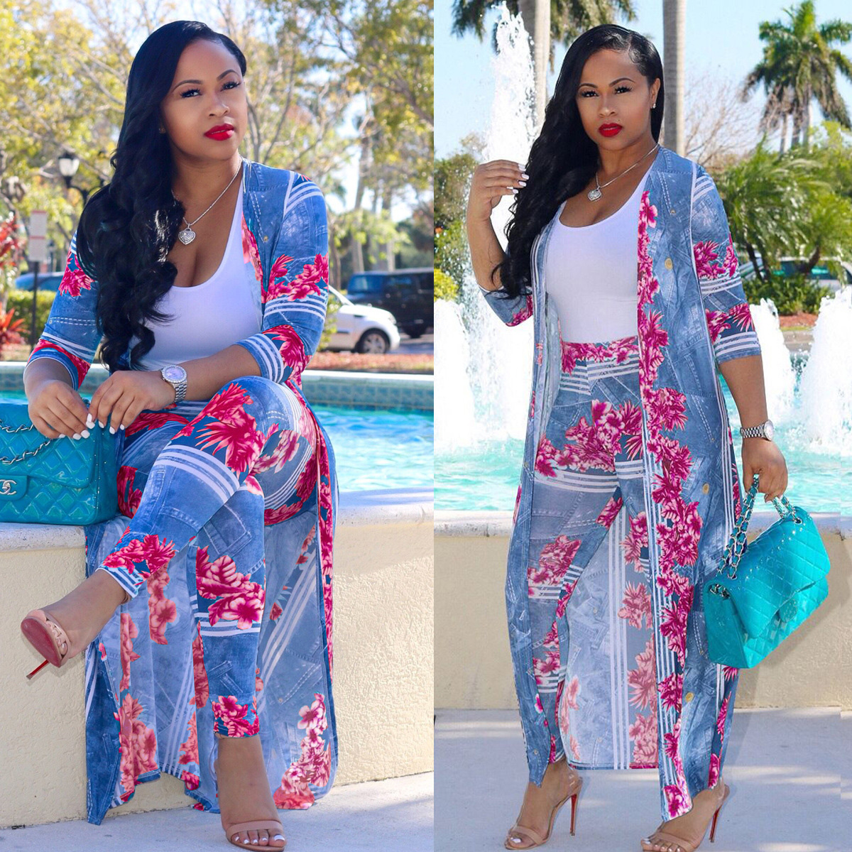 2 pcs Women Fashion Flower digital printing cloak and bottom pants casual coat and pant suit sets