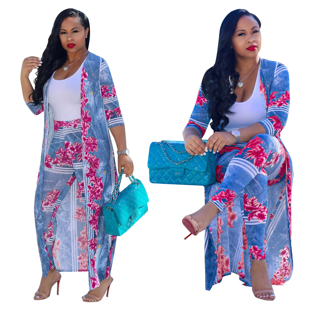2 pcs Women Fashion Flower digital printing cloak and bottom pants casual coat and pant suit sets