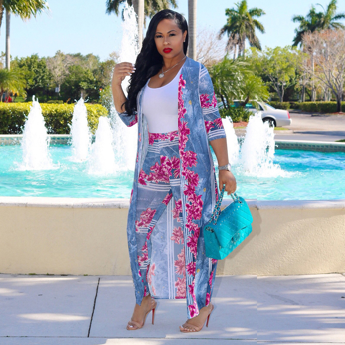 2 pcs Women Fashion Flower digital printing cloak and bottom pants casual coat and pant suit sets