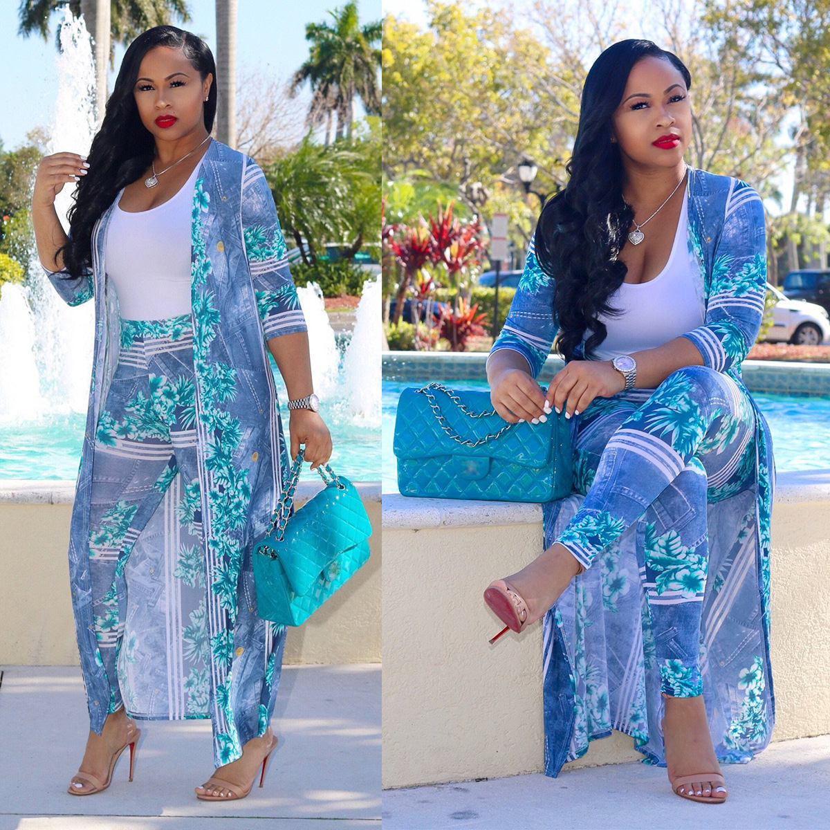 2 pcs Women Fashion Flower digital printing cloak and bottom pants casual coat and pant suit sets