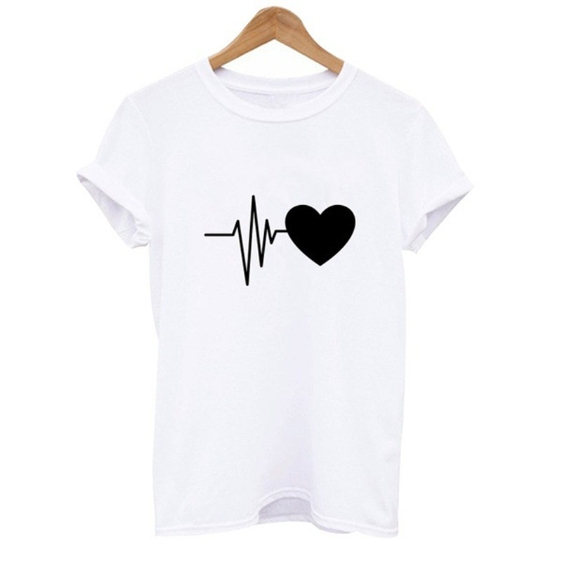 African Sexy&apos;s love ECG printing couple short-sleeved T-shirt heart love white cotton