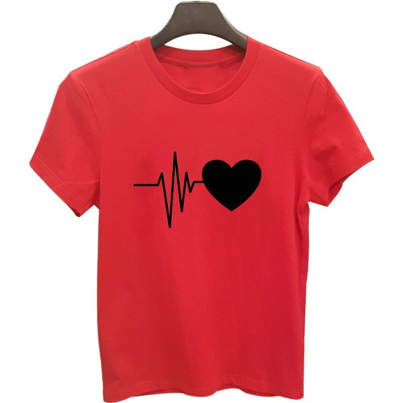 African Sexy&apos;s love ECG printing couple short-sleeved T-shirt heart love white cotton