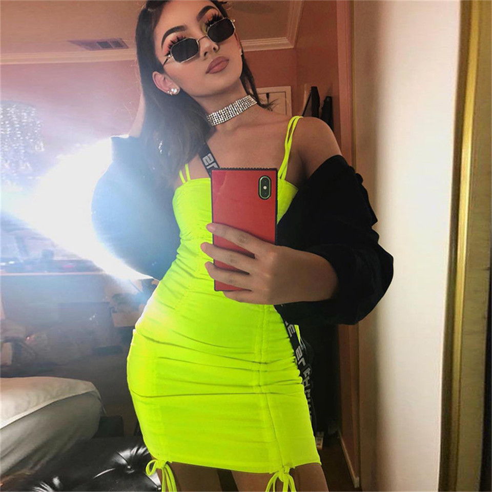 Neon Pleated Bandage Dress Clud Wear Summer 2019 Streetwear Women Spaghetti Strap Bodycon Dresses