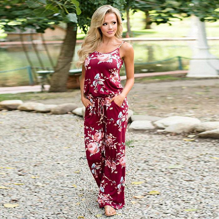 2019 women Super Comfy Floral Jumpsuit Fashion Trend Sling Print Loose Piece Leisure Trousers