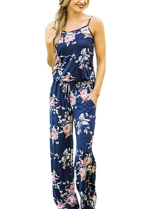 2019 women Super Comfy Floral Jumpsuit Fashion Trend Sling Print Loose Piece Leisure Trousers