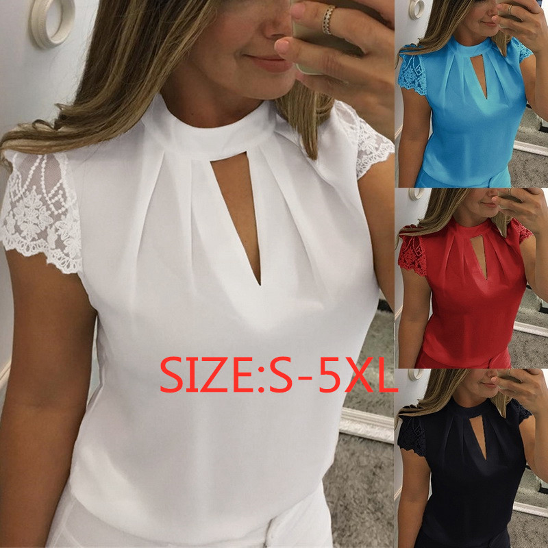New 5XL Lace Women Sexy Hollow Out Blouses Summer Short Sleeve Back Zipper Blouse Elegant Work Lady