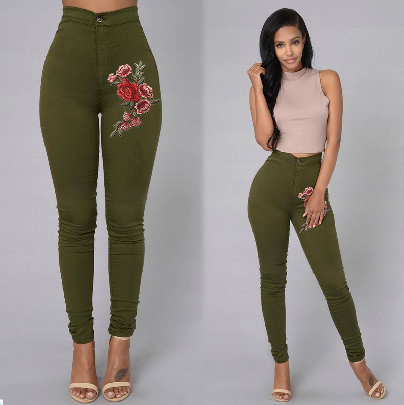 New 2019 Fashion Women High Waist Emboridered Skinny Stretch Pencil Long Slim Casual Leggings Jeans