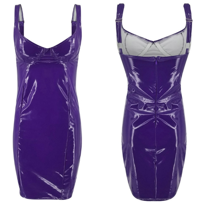 New Fashion Women Leather Latex Sleeveless  Sling Dress Chest Wrap Package Hip V-neck Strap Bodycon