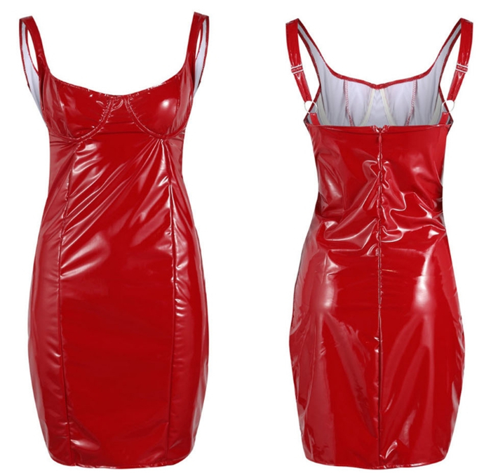 New Fashion Women Leather Latex Sleeveless  Sling Dress Chest Wrap Package Hip V-neck Strap Bodycon
