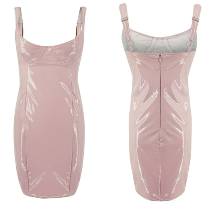 New Fashion Women Leather Latex Sleeveless  Sling Dress Chest Wrap Package Hip V-neck Strap Bodycon