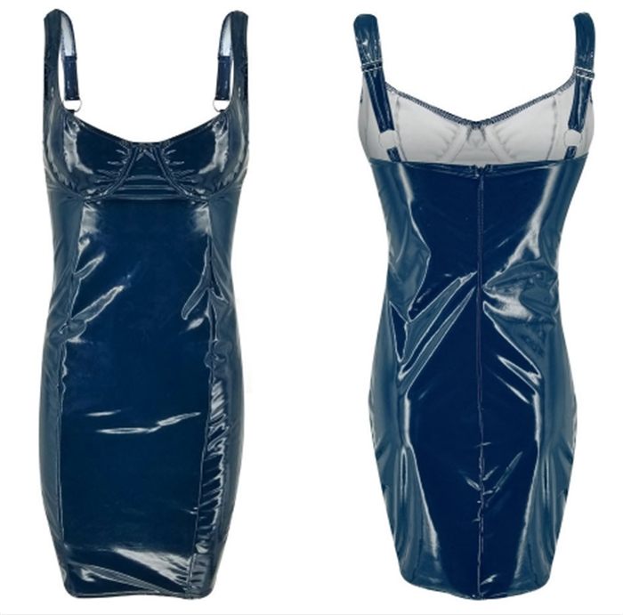 New Fashion Women Leather Latex Sleeveless  Sling Dress Chest Wrap Package Hip V-neck Strap Bodycon