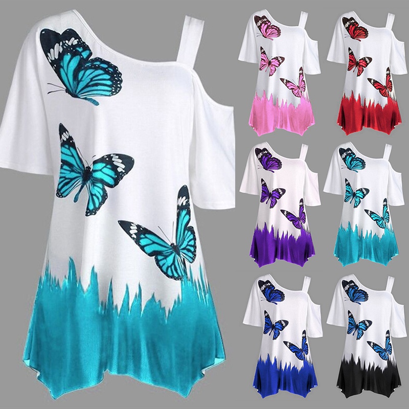 New 2019 Summer Plus-size Beautiful Women Butterfly Print T-shirt Colored Tops Cotton Top Grade Tee