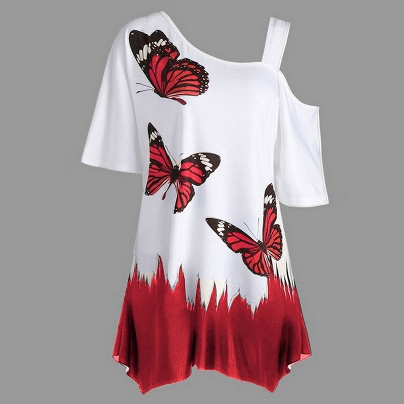 New 2019 Summer Plus-size Beautiful Women Butterfly Print T-shirt Colored Tops Cotton Top Grade Tee