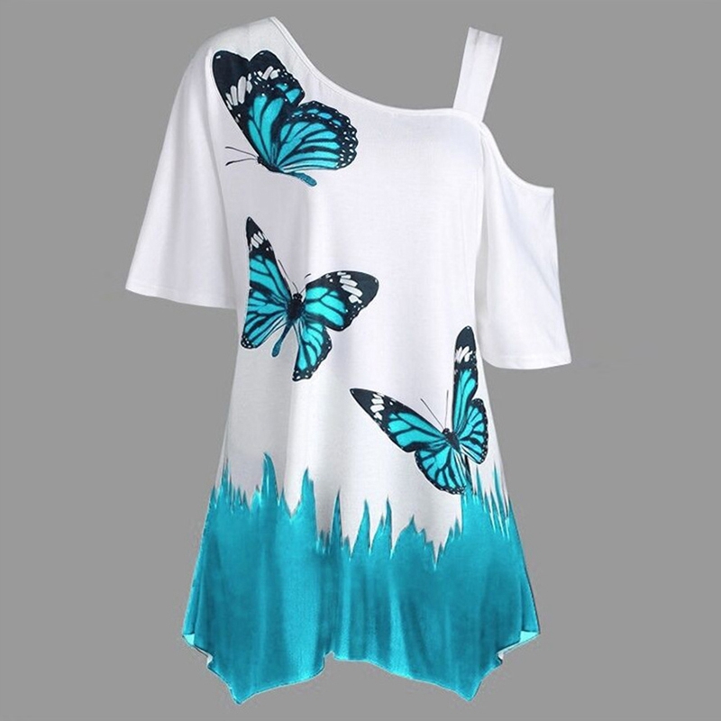 New 2019 Summer Plus-size Beautiful Women Butterfly Print T-shirt Colored Tops Cotton Top Grade Tee