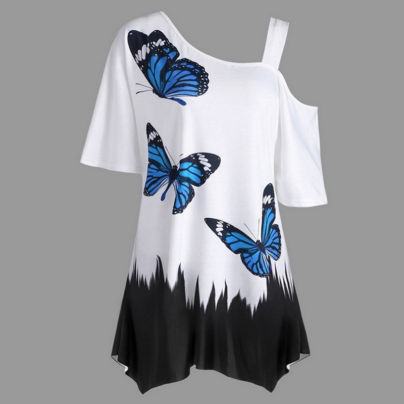 New 2019 Summer Plus-size Beautiful Women Butterfly Print T-shirt Colored Tops Cotton Top Grade Tee