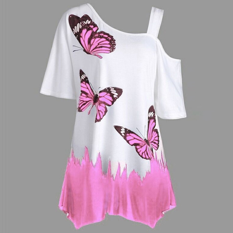 New 2019 Summer Plus-size Beautiful Women Butterfly Print T-shirt Colored Tops Cotton Top Grade Tee