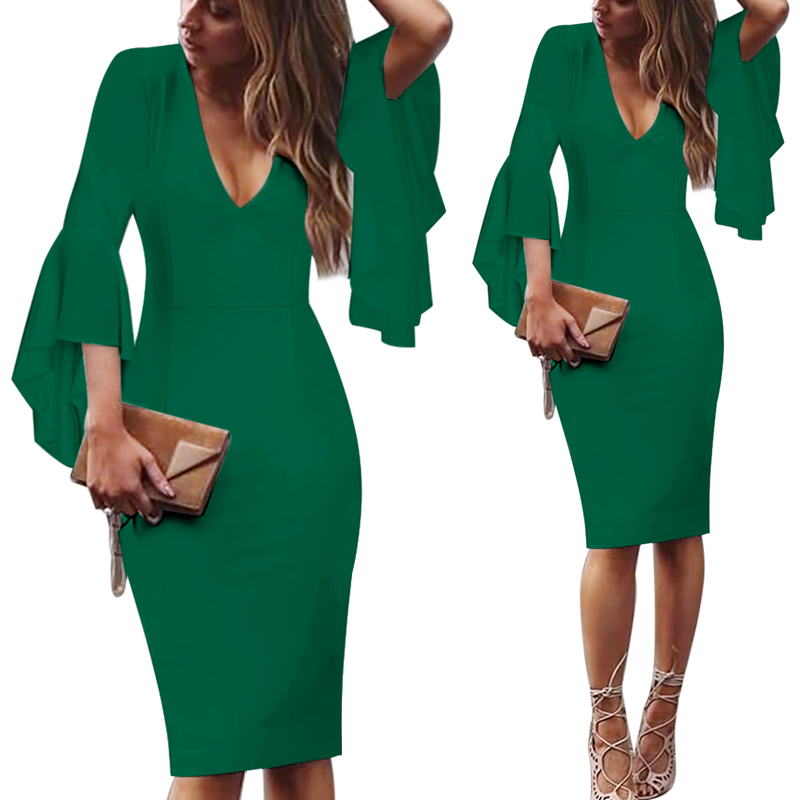 Womens Sexy Deep V-neck Long Sleeves Elegant Work Business Casual Party Slim Bodycon Pencil Dress