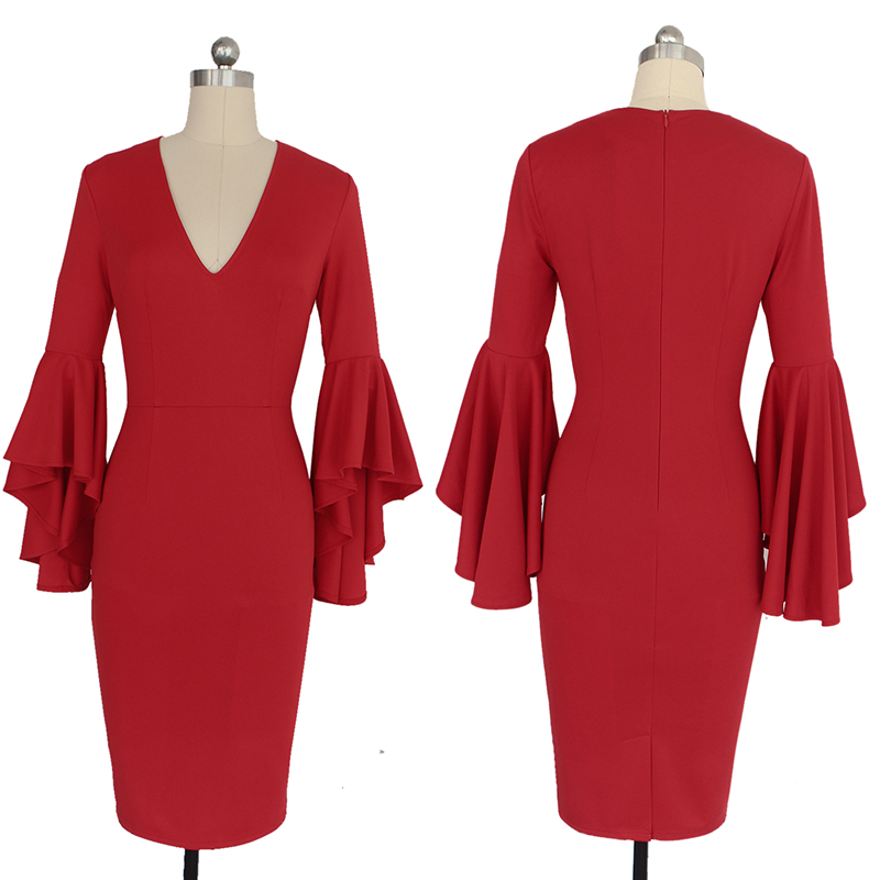 Womens Sexy Deep V-neck Long Sleeves Elegant Work Business Casual Party Slim Bodycon Pencil Dress