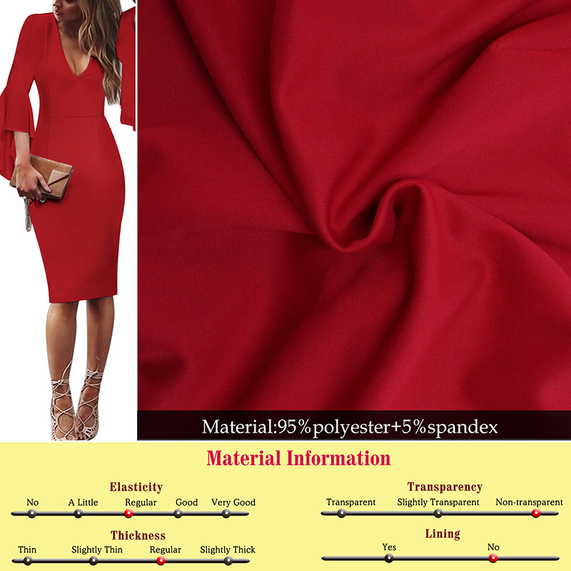 Womens Sexy Deep V-neck Long Sleeves Elegant Work Business Casual Party Slim Bodycon Pencil Dress