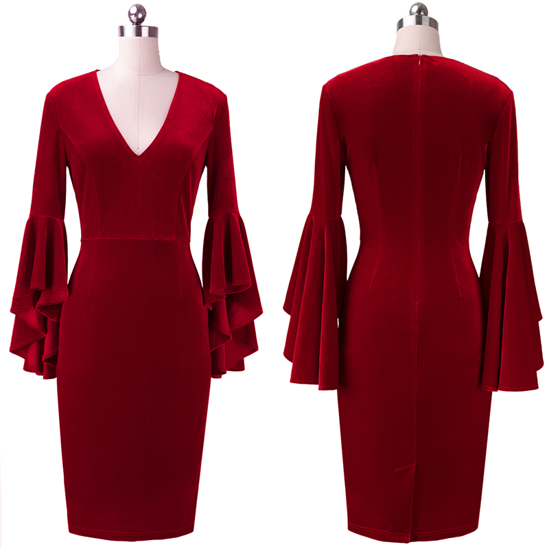 Womens Sexy Deep V-neck Long Sleeves Elegant Work Business Casual Party Slim Bodycon Pencil Dress