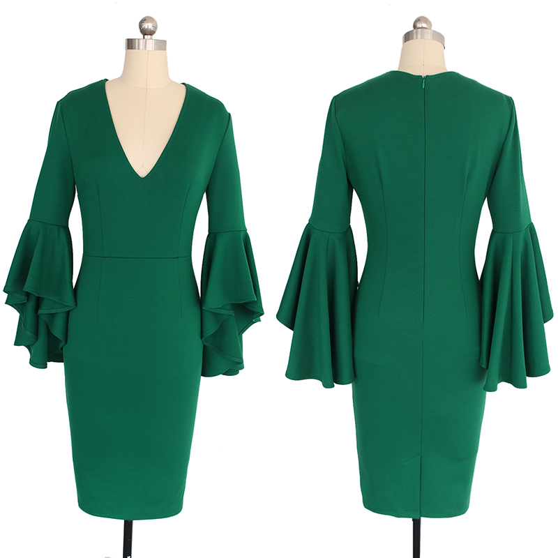 Womens Sexy Deep V-neck Long Sleeves Elegant Work Business Casual Party Slim Bodycon Pencil Dress