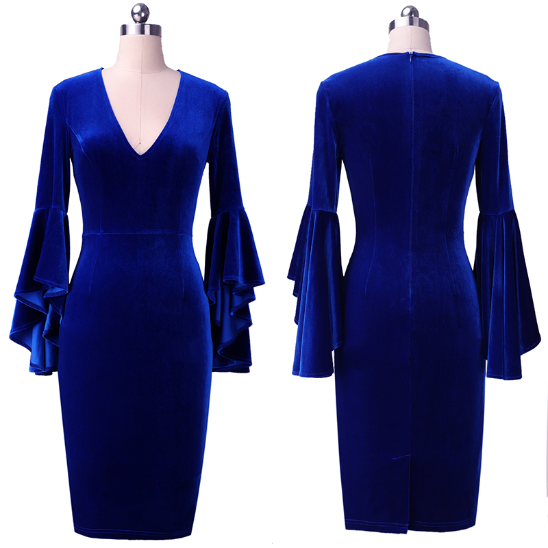 Womens Sexy Deep V-neck Long Sleeves Elegant Work Business Casual Party Slim Bodycon Pencil Dress