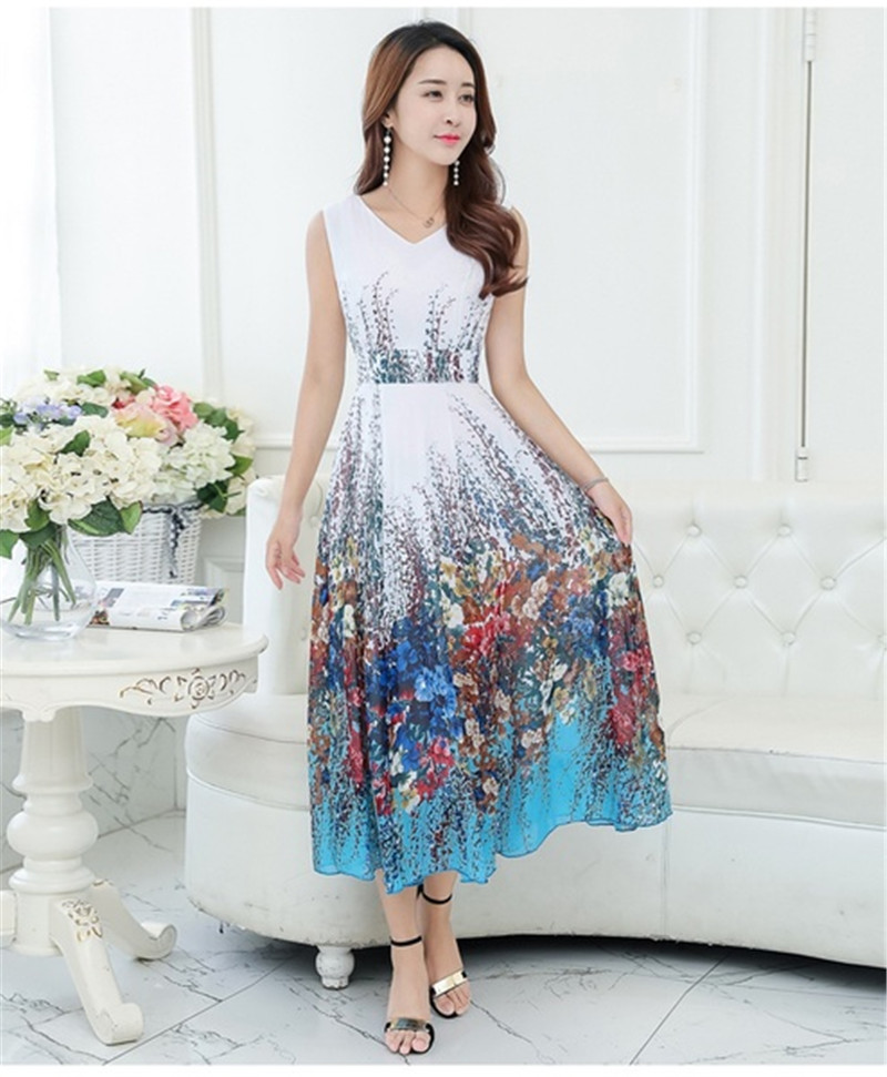 New summer 2019 chiffon dress sleeveless beach skirt slim printed skirt Fashion Long Dress For Women