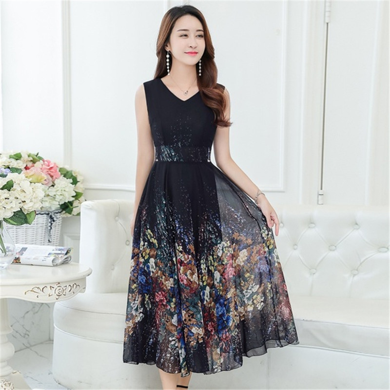 New summer 2019 chiffon dress sleeveless beach skirt slim printed skirt Fashion Long Dress For Women