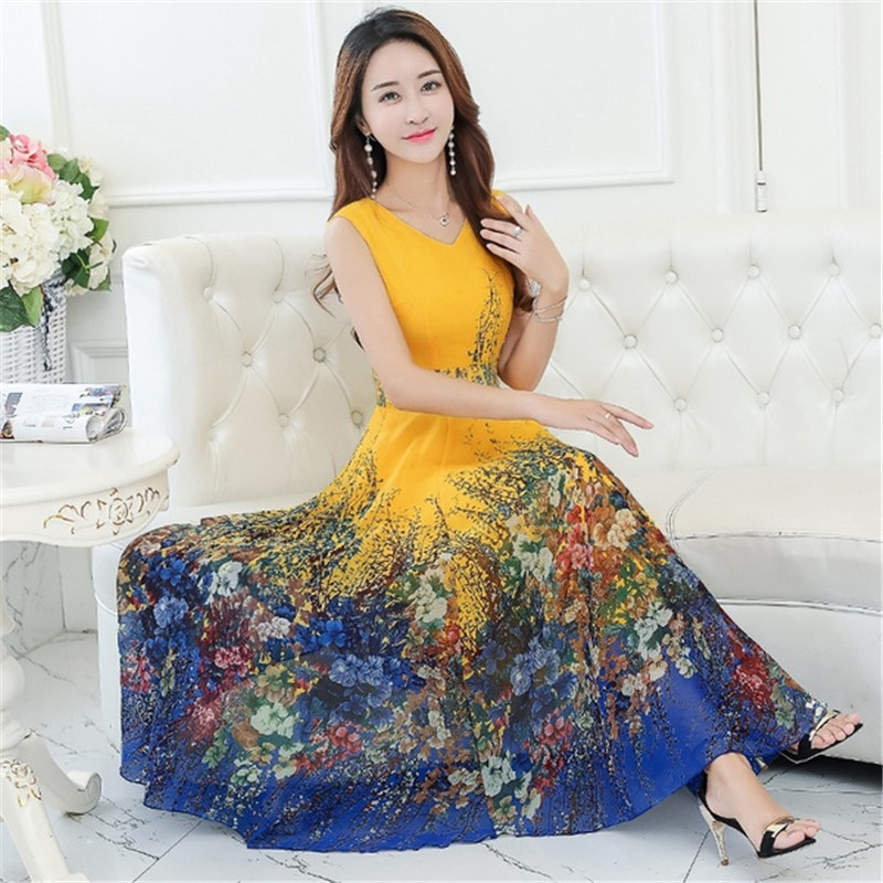 New summer 2019 chiffon dress sleeveless beach skirt slim printed skirt Fashion Long Dress For Women