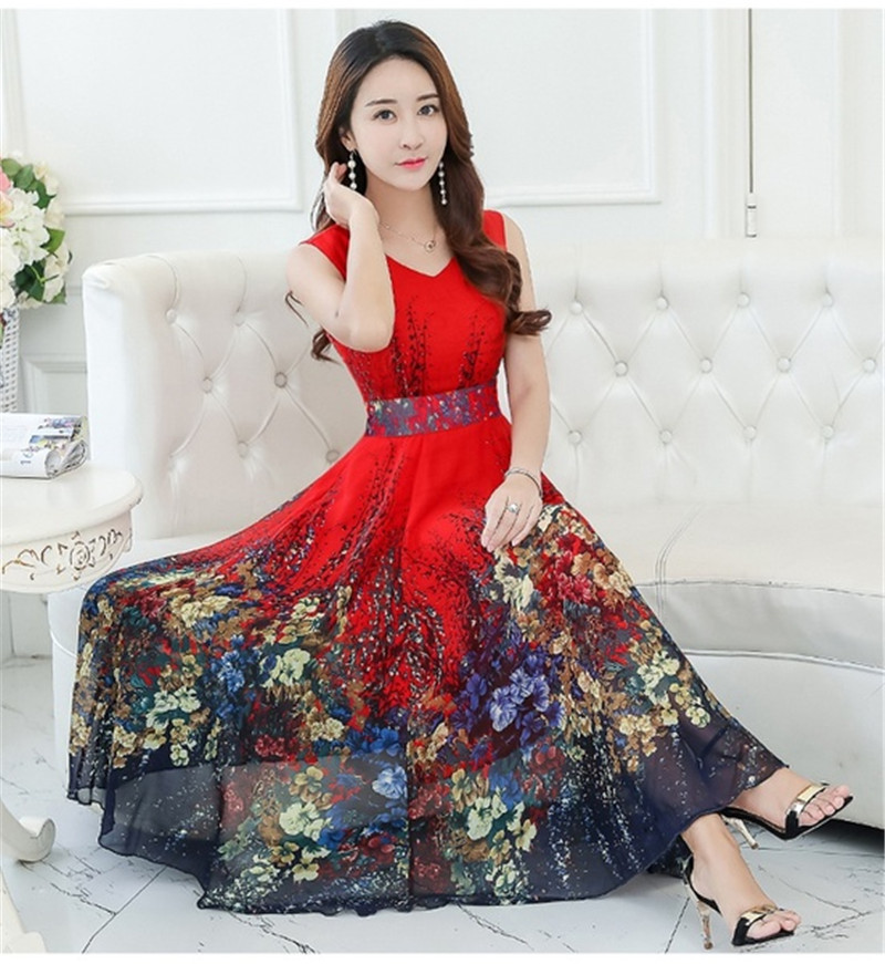 New summer 2019 chiffon dress sleeveless beach skirt slim printed skirt Fashion Long Dress For Women