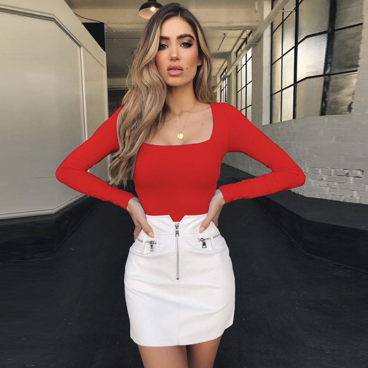 Hot style Sexy Square Collar T Shirt Women Long Sleeve Tshirt Female T-shirt Streetwear Camiseta