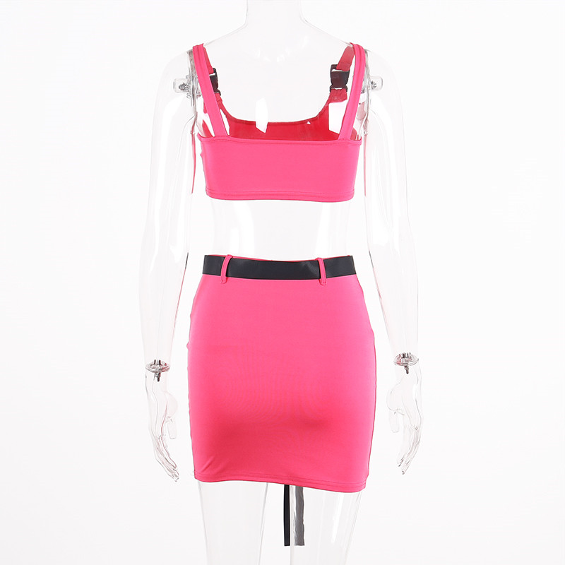 Buckle Band Camis Skrit 2 Two Piece Set 2019 Summer Women Fashion Belt Patchwork Neon Streetwear Set