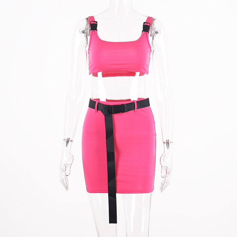 Buckle Band Camis Skrit 2 Two Piece Set 2019 Summer Women Fashion Belt Patchwork Neon Streetwear Set