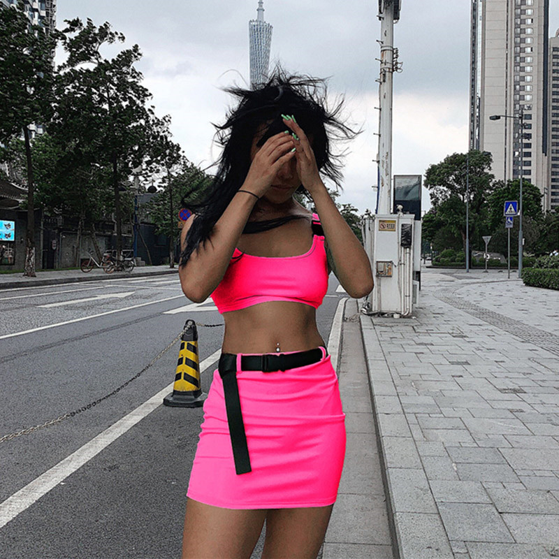 Buckle Band Camis Skrit 2 Two Piece Set 2019 Summer Women Fashion Belt Patchwork Neon Streetwear Set