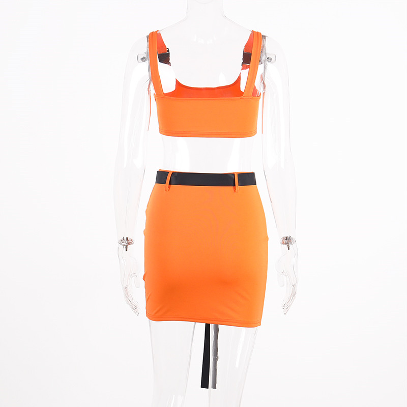 Buckle Band Camis Skrit 2 Two Piece Set 2019 Summer Women Fashion Belt Patchwork Neon Streetwear Set