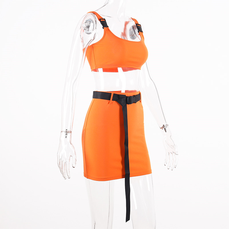 Buckle Band Camis Skrit 2 Two Piece Set 2019 Summer Women Fashion Belt Patchwork Neon Streetwear Set