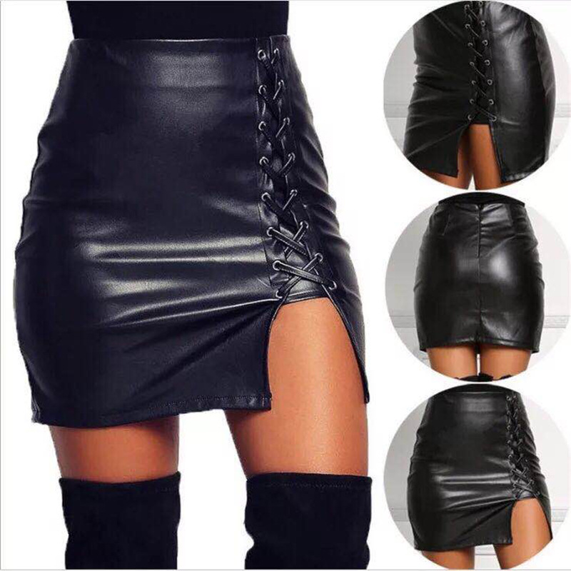 Office Women Elegant Ladies Skirt No Crack PU Leather Skirt high Waist Bag Hip bind Open Fork Skirt