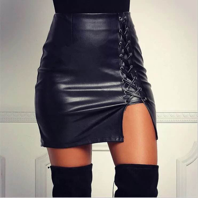 Office Women Elegant Ladies Skirt No Crack PU Leather Skirt high Waist Bag Hip bind Open Fork Skirt