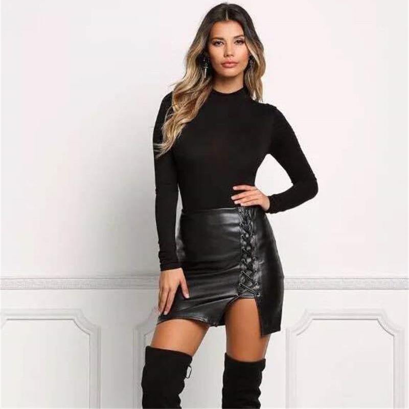 Office Women Elegant Ladies Skirt No Crack PU Leather Skirt high Waist Bag Hip bind Open Fork Skirt