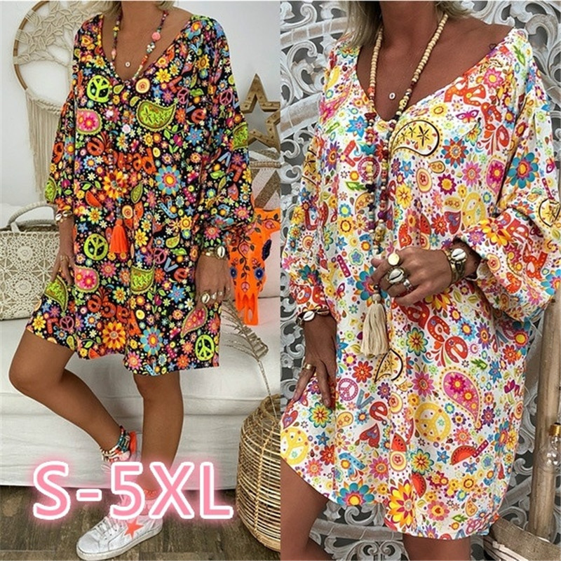 Elegant Colorful Dress Women Plus Size off shoulder Animal Print Long Sleeve Irregular Loose Dress