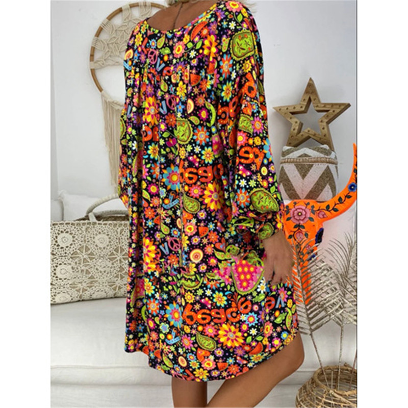 Elegant Colorful Dress Women Plus Size off shoulder Animal Print Long Sleeve Irregular Loose Dress