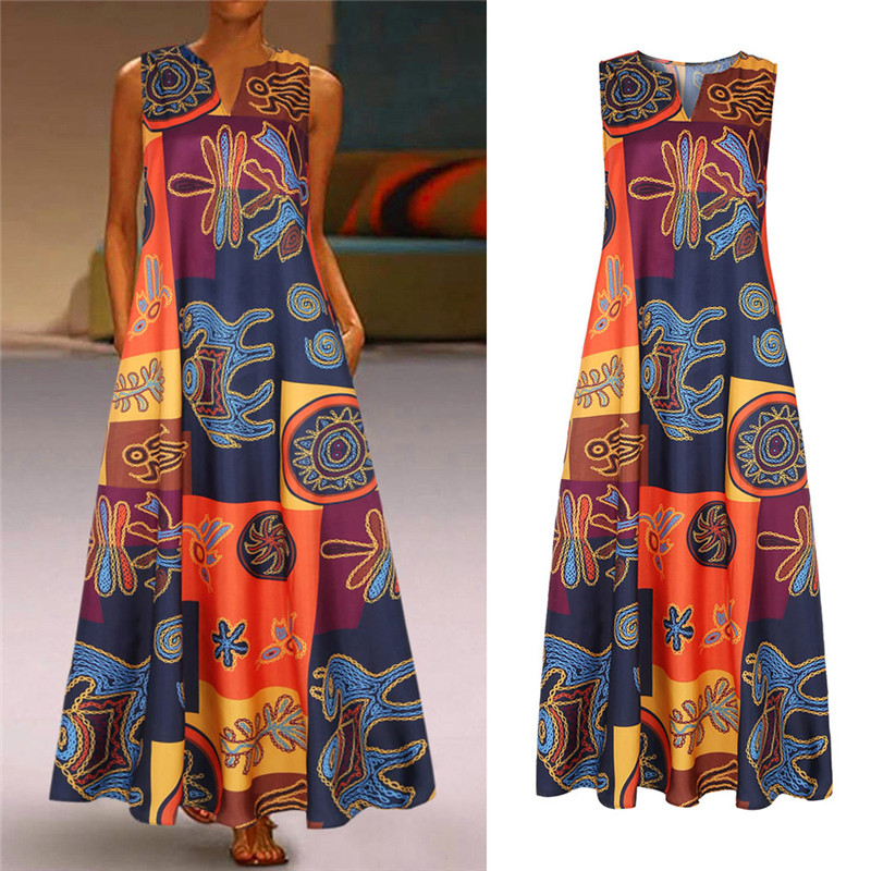 Hot Style Women V-neck Sleeveless Pocket Summer Vintage Print Color Block Patchwork Sleeveless Dress