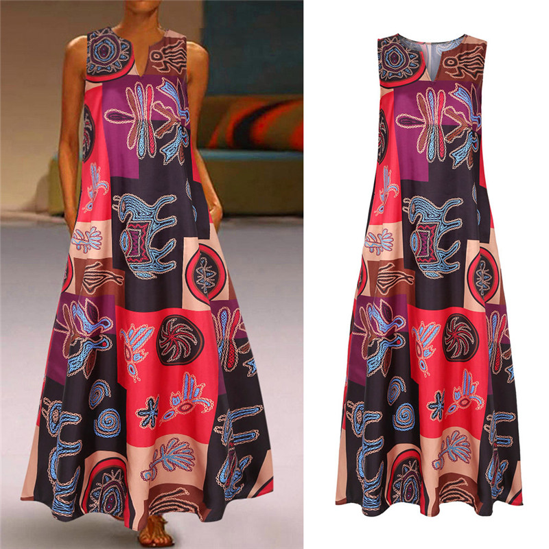 Hot Style Women V-neck Sleeveless Pocket Summer Vintage Print Color Block Patchwork Sleeveless Dress