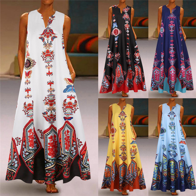 New Hot style Elegant Lady Vintage Print Dress V-neck Sleeveless Pocket Summer Fashion Women Dress